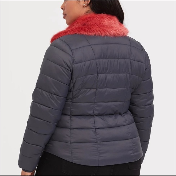 Torrid 2X (18-20) Coat Puffer Jacket Gray Coral Removable Faux Fur Collar Plus - Picture 8 of 10